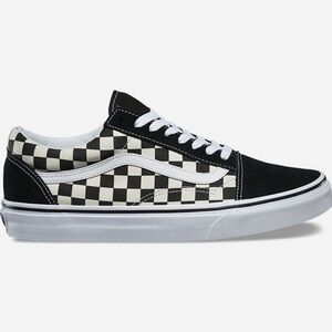 Low top youth old school Vans, black and white checkered side with black…